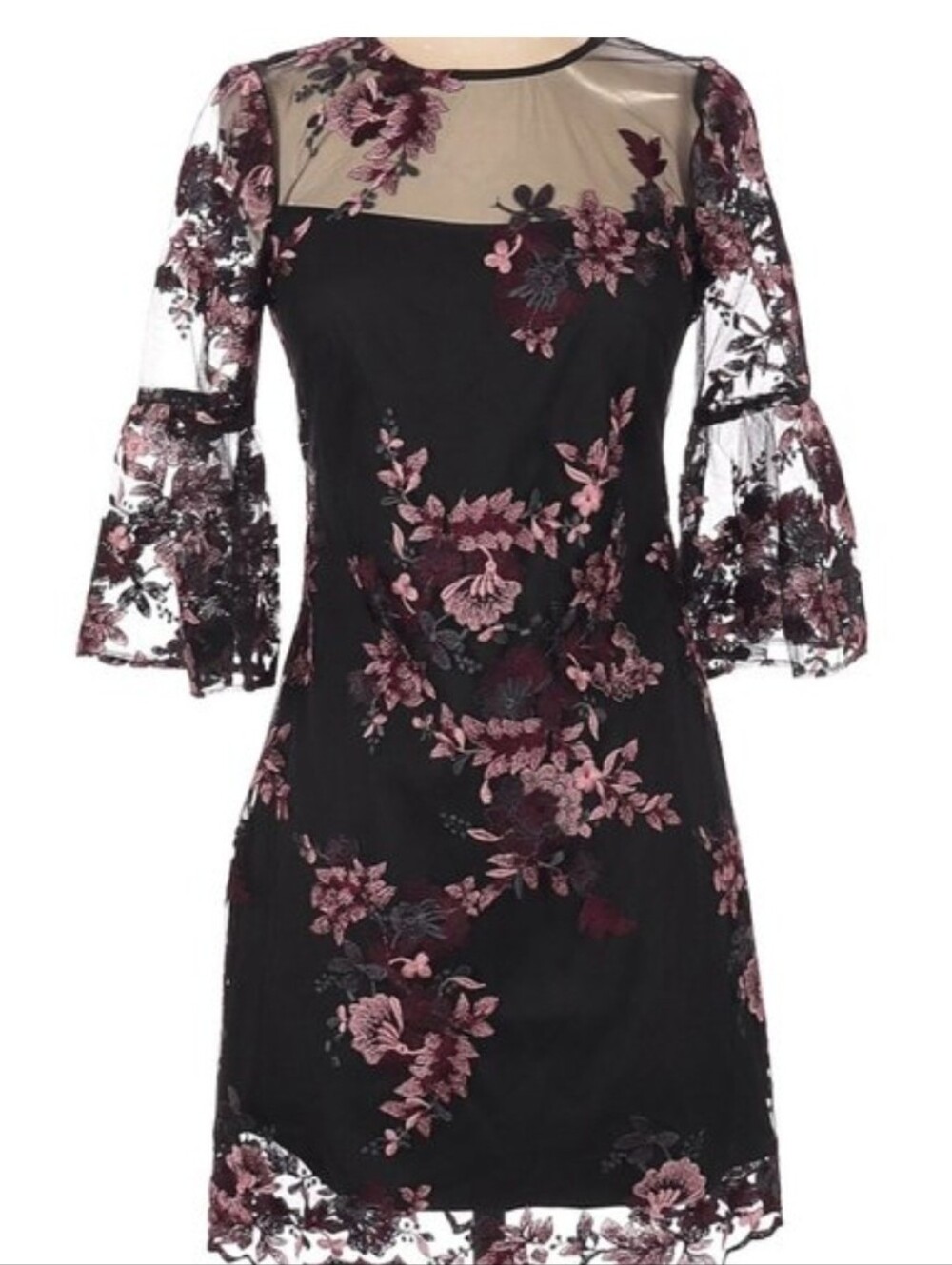 White House Black Market Black Dress with Pink Floral Embroidery Size 12